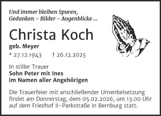Traueranzeige von Christa Koch von Trauerkombi Bernburg
