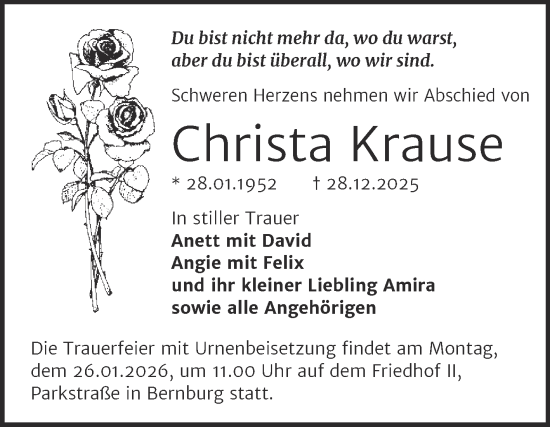 Traueranzeige von Christa Krause von Trauerkombi Bernburg