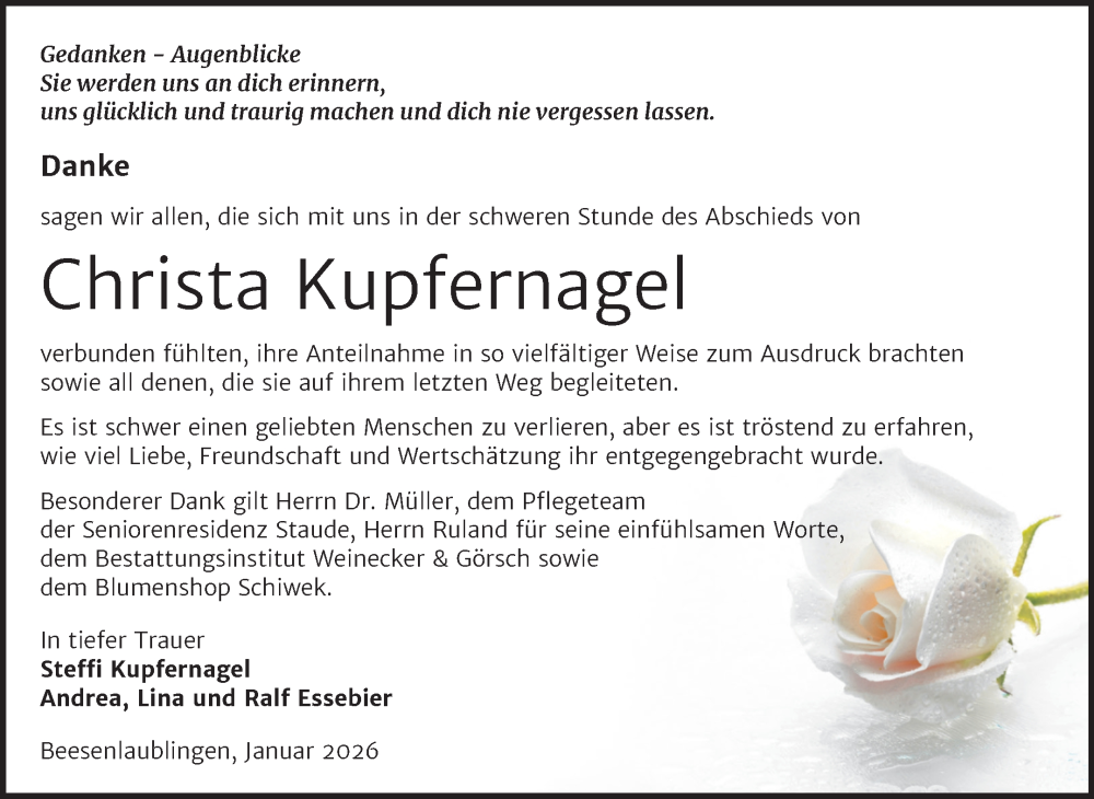  Traueranzeige für Christa Kupfernagel vom 24.01.2026 aus Trauerkombi Bernburg