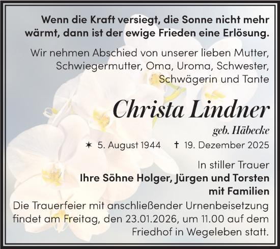 Traueranzeige von Christa Lindner von Volksstimme Halberstadt