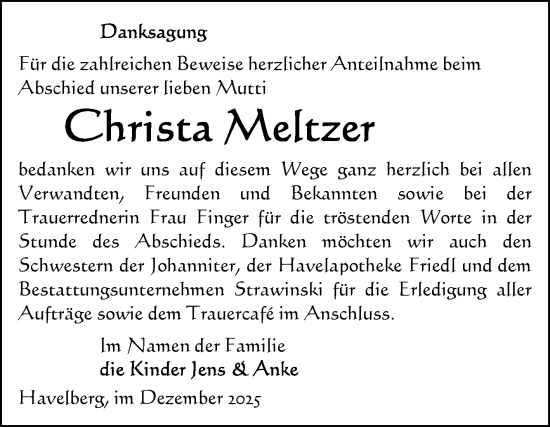Traueranzeige von Christa Meltzer von Volksstimme Altmark Ost