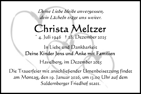 Traueranzeige von Christa Meltzer von Volksstimme Altmark Ost