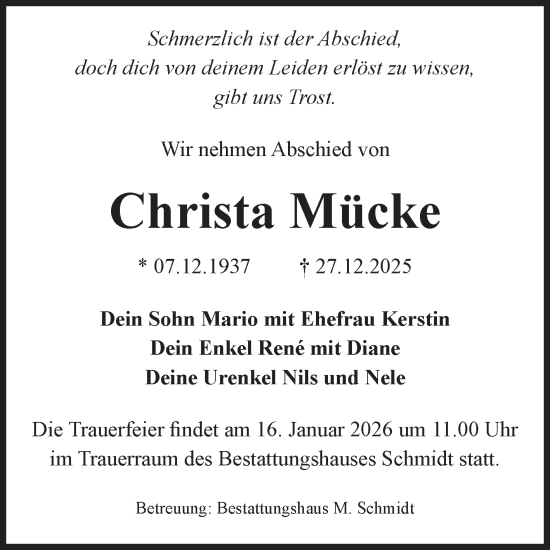 Traueranzeige von Christa Mücke von Volksstimme Burg/Genthin