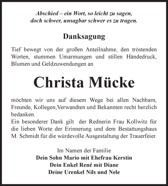 Traueranzeige von Christa Mücke von Volksstimme Burg/Genthin