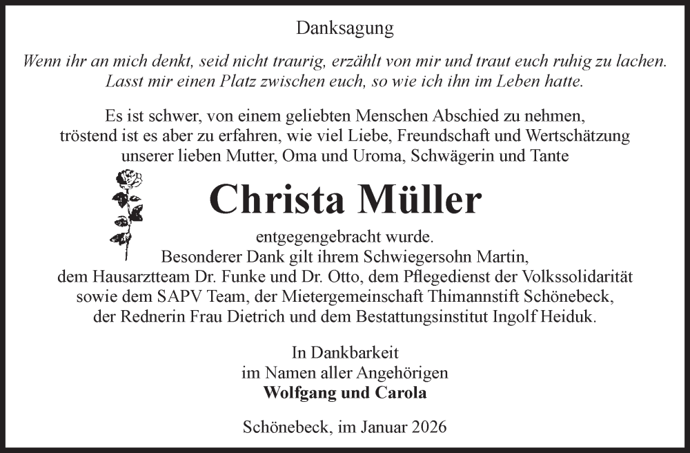  Traueranzeige für Christa Müller vom 17.01.2026 aus Volksstimme Schönebeck