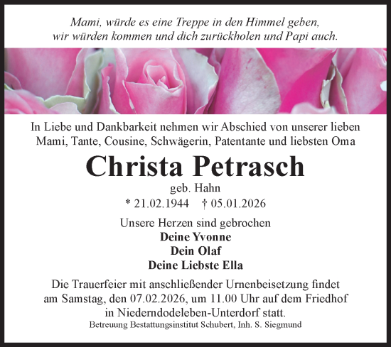 Traueranzeige von Christa Petrasch von Volksstimme Haldensleben/Wolmirstedt