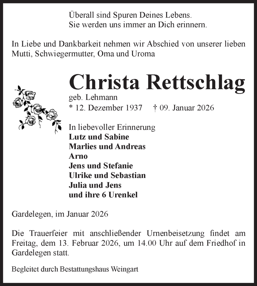  Traueranzeige für Christa Rettschlag vom 17.01.2026 aus Volksstimme Altmark West