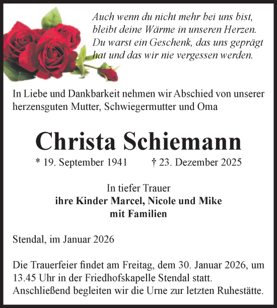 Traueranzeige von Christa Schiemann von Volksstimme Altmark Ost