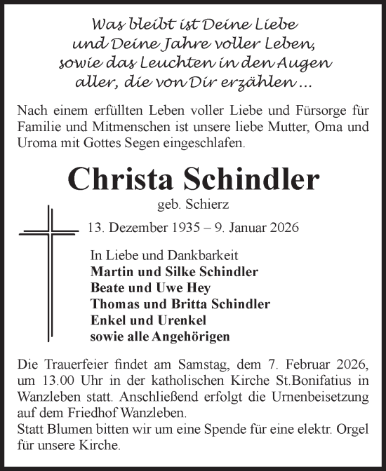 Traueranzeige von Christa Schindler von Volksstimme Oschersleben/Wanzleben