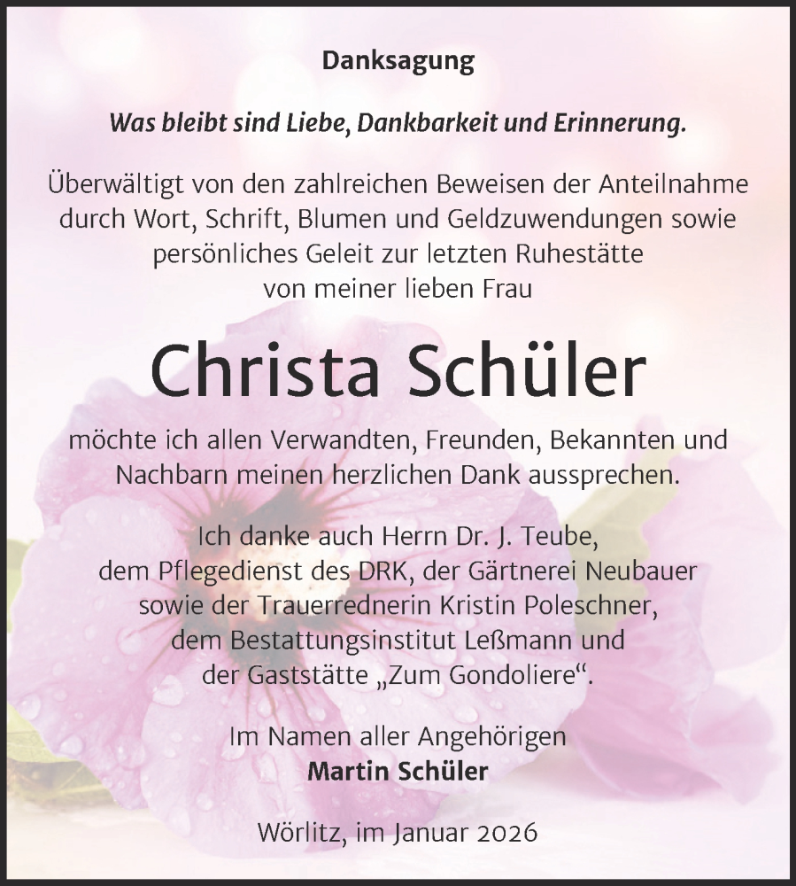  Traueranzeige für Christa Schüler vom 24.01.2026 aus Trauerkombi Wittenberg