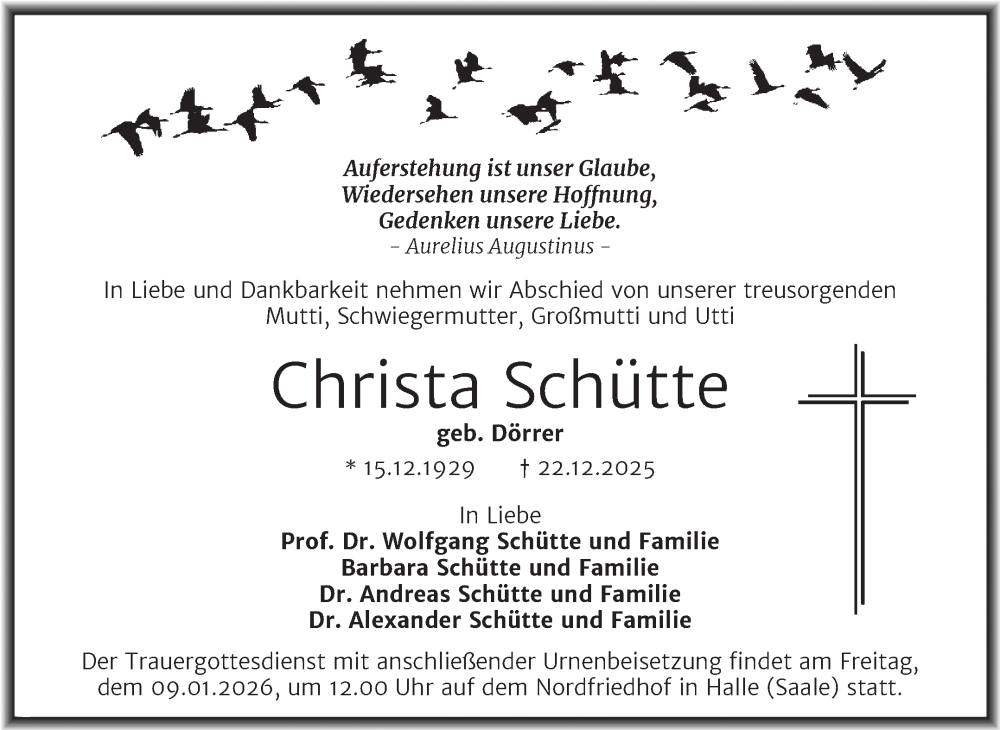  Traueranzeige für Christa Schütte vom 03.01.2026 aus Mitteldeutsche Zeitung Halle/Saalkreis