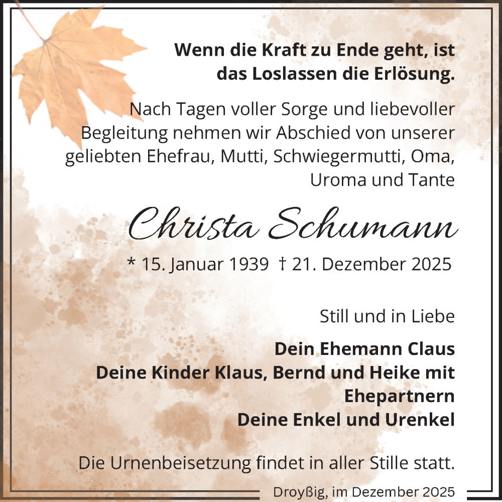  Traueranzeige für Christa Schumann vom 03.01.2026 aus Trauerkombi Zeitz