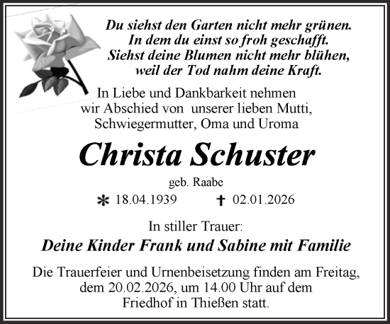 Traueranzeige von Christa Schuster von Trauerkombi Wittenberg