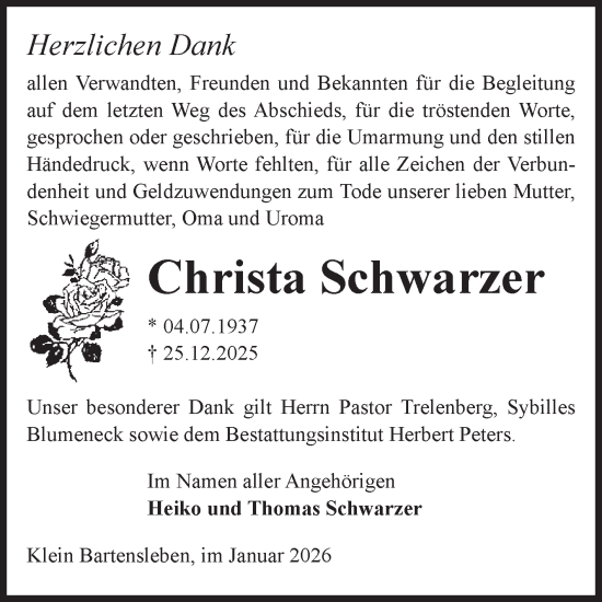 Traueranzeige von Christa Schwarzer von Volksstimme Haldensleben/Wolmirstedt