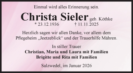 Traueranzeige von Christa Sieler von Volksstimme Altmark West