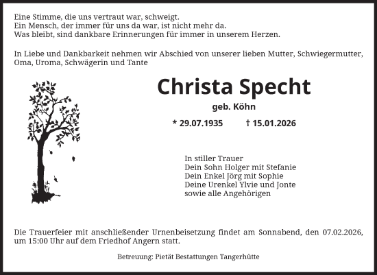 Traueranzeige von Christa Specht von Volksstimme Haldensleben/Wolmirstedt