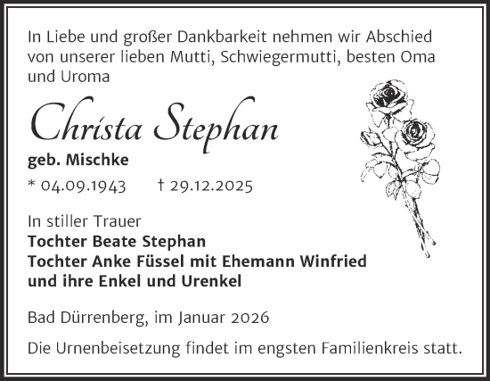 Traueranzeige von Christa Stephan von Trauerkombi Merseburg