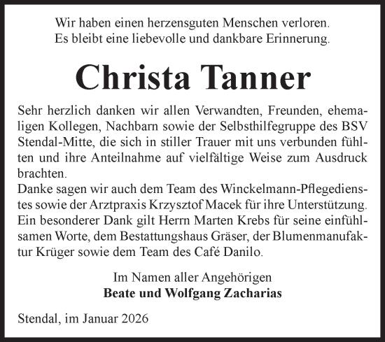 Traueranzeige von Christa Tanner von Volksstimme Altmark Ost