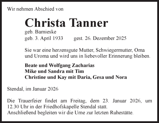 Traueranzeige von Christa Tanner von Volksstimme Altmark Ost