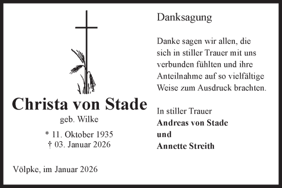 Traueranzeige von Christa von Stade von Volksstimme Oschersleben/Wanzleben