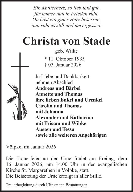 Traueranzeige von Christa von Stade von Volksstimme Oschersleben/Wanzleben