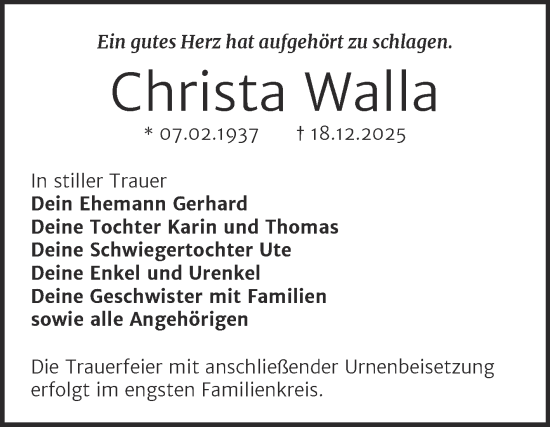 Traueranzeige von Christa Walla von Trauerkombi Dessau