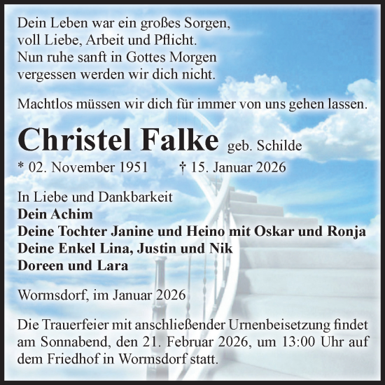 Traueranzeige von Christel Falke von Volksstimme Oschersleben/Wanzleben