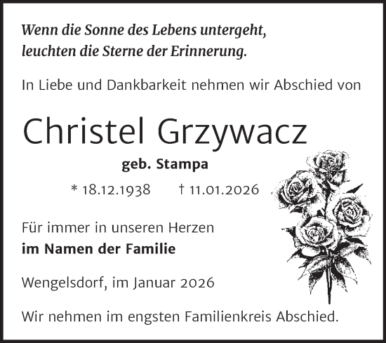 Traueranzeige von Christel Grzywacz von Trauerkombi Weißenfels