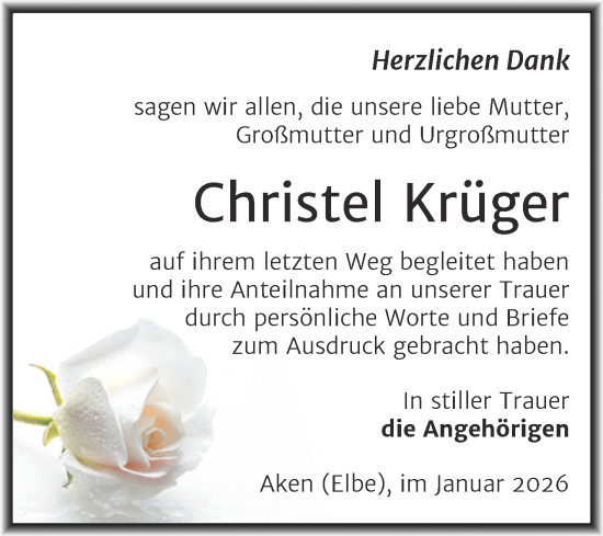 Traueranzeige von Christel Krüger von Trauerkombi Köthen