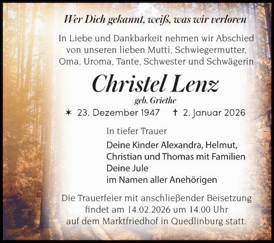 Traueranzeige von Christel Lenz von Trauerkombi Quedlinburg