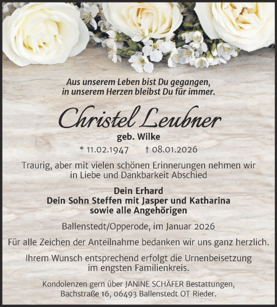 Traueranzeige von Christel Leubner von Trauerkombi Quedlinburg