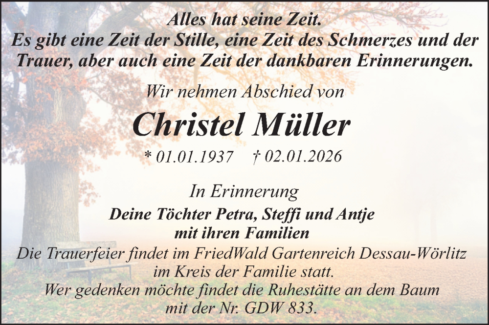  Traueranzeige für Christel Müller vom 31.01.2026 aus Trauerkombi Dessau