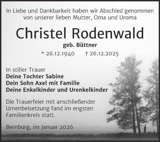 Traueranzeige von Christel Rodenwald von Trauerkombi Bernburg