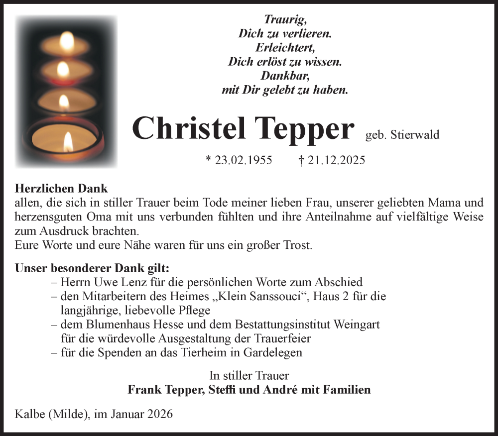  Traueranzeige für Christel Tepper vom 17.01.2026 aus Volksstimme Altmark West