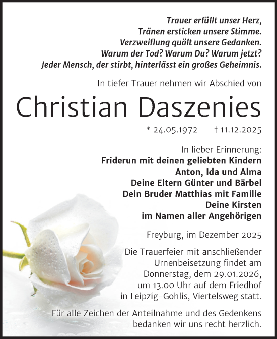 Traueranzeige von Christian Daszenies von Super Sonntag Naumburg/Nebra