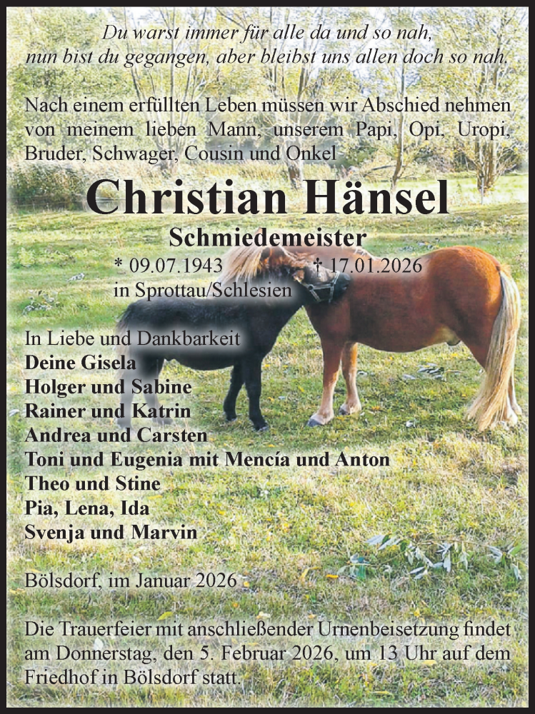  Traueranzeige für Christian Hänsel vom 24.01.2026 aus Volksstimme Altmark Ost