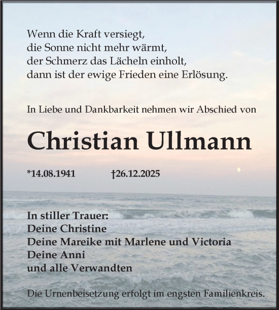 Traueranzeige von Christian Ullmann von Trauerkombi Quedlinburg