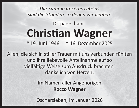 Traueranzeige von Christian Wagner von Volksstimme Oschersleben/Wanzleben