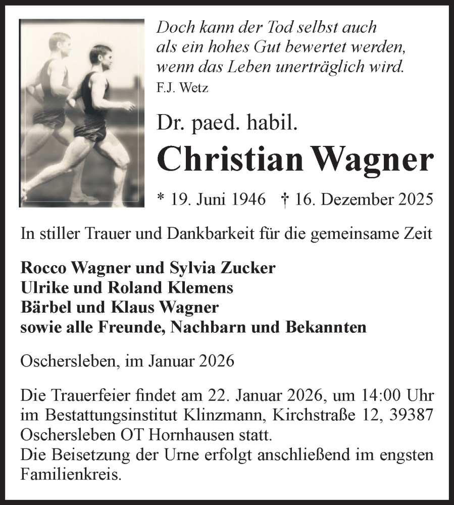  Traueranzeige für Christian Wagner vom 10.01.2026 aus Volksstimme Oschersleben/Wanzleben