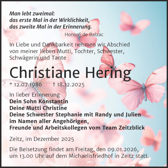 Traueranzeige von Christiane Hering von Trauerkombi Zeitz