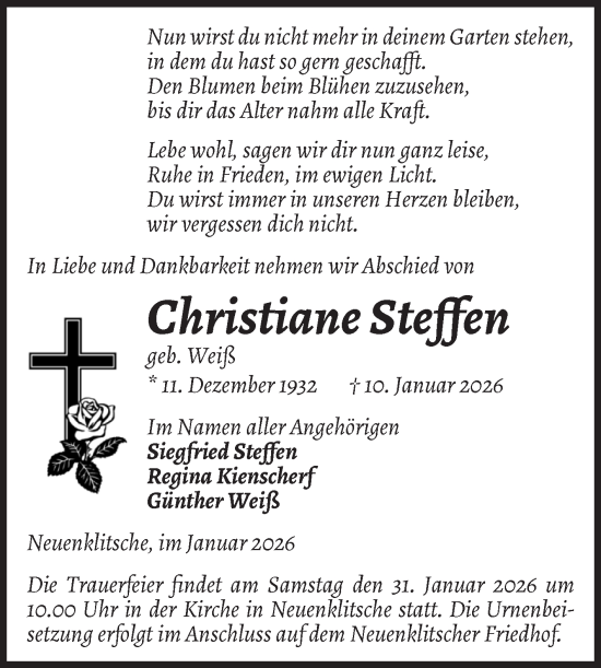 Traueranzeige von Christiane Steffen von Volksstimme Burg/Genthin