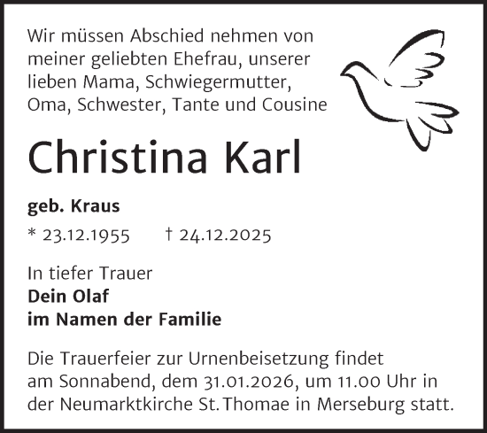 Traueranzeige von Christina Karl von Trauerkombi Merseburg