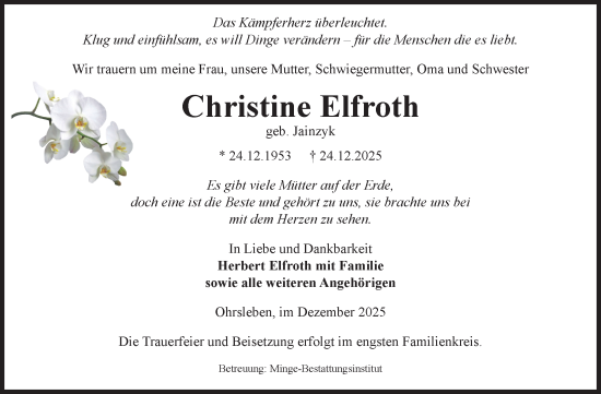 Traueranzeige von Christine Elfroth von Volksstimme Oschersleben/Wanzleben