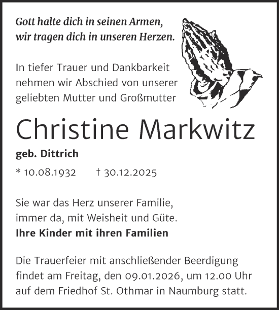 Traueranzeige von Christine Markwitz von Naumburger Tageblatt