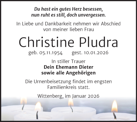 Traueranzeige von Christine Pludra von Trauerkombi Wittenberg
