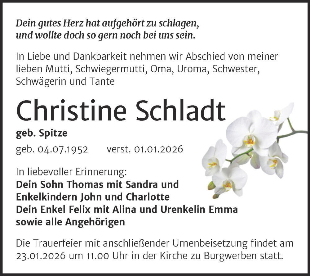  Traueranzeige für Christine Schladt vom 17.01.2026 aus Trauerkombi Weißenfels