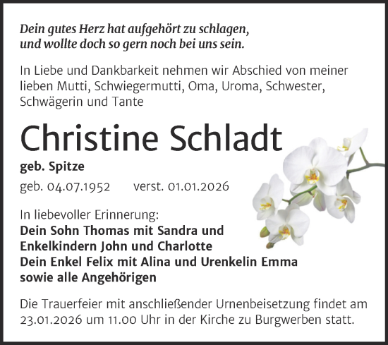 Traueranzeige von Christine Schladt von Trauerkombi Weißenfels