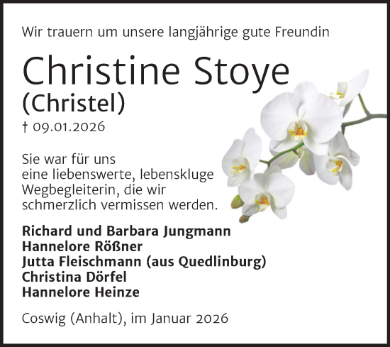 Traueranzeige von Christine Stoye von Trauerkombi Wittenberg