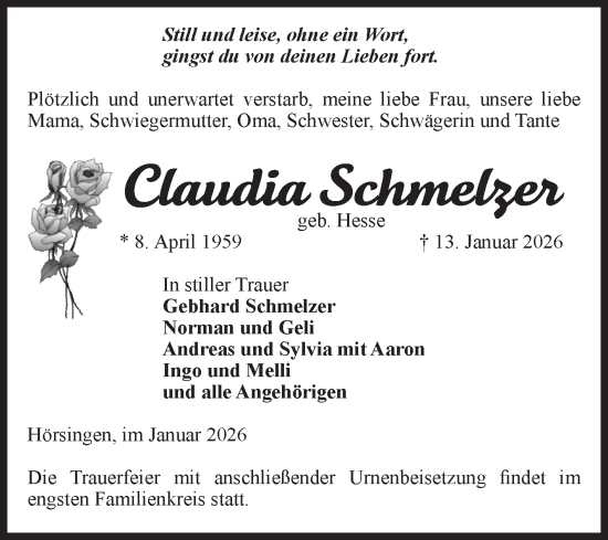 Traueranzeige von Claudia Schmelzer von Volksstimme Haldensleben/Wolmirstedt