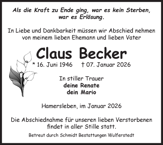 Traueranzeige von Claus Becker von Volksstimme Oschersleben/Wanzleben